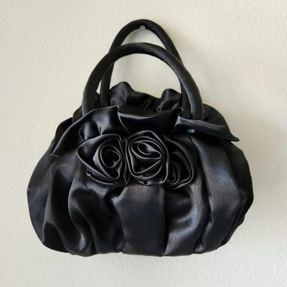 NaRaYa Black Satin Rose Evening Bag Clutch Purse Prom Wedding Y2K Occasion